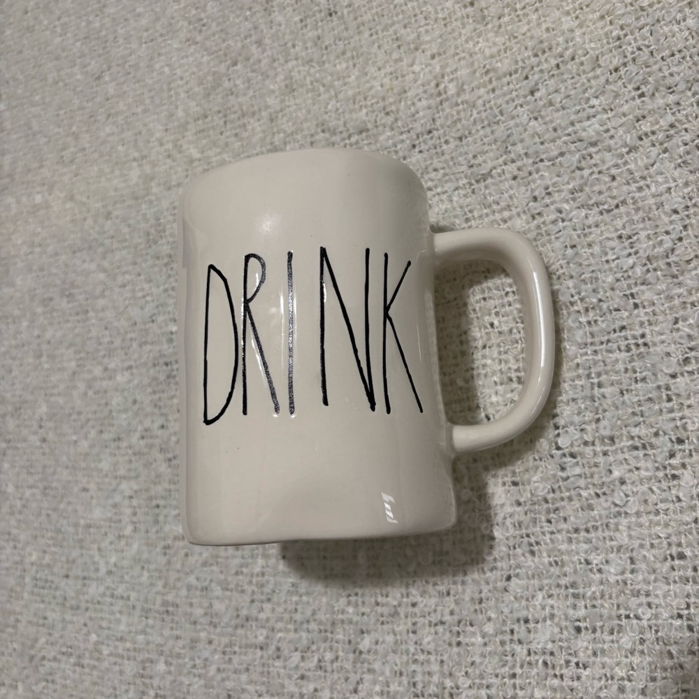 rae dunn "drink" white ceramic coffee tea mug farmhouse rustic cottagecore cabin